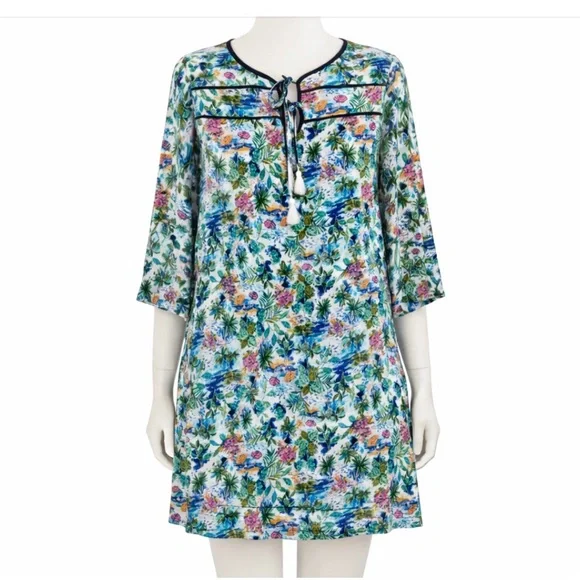 Caribbean Joe Tropical Print Tunic Dress Small Blue Green Floral Tassel Neckline - Picture 1 of 9